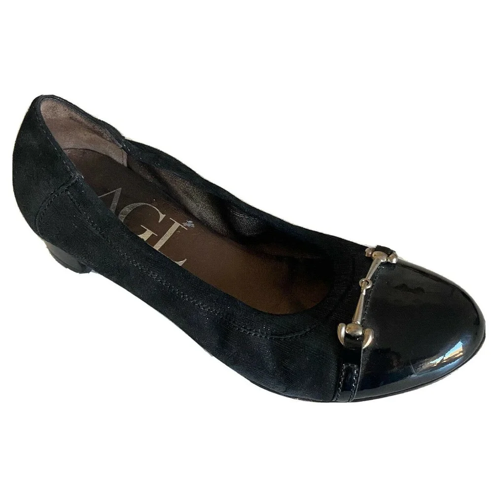 AGL Attilio Giusti Leombruni Pump Black Leather Heel Black Cap Toe Shimm…